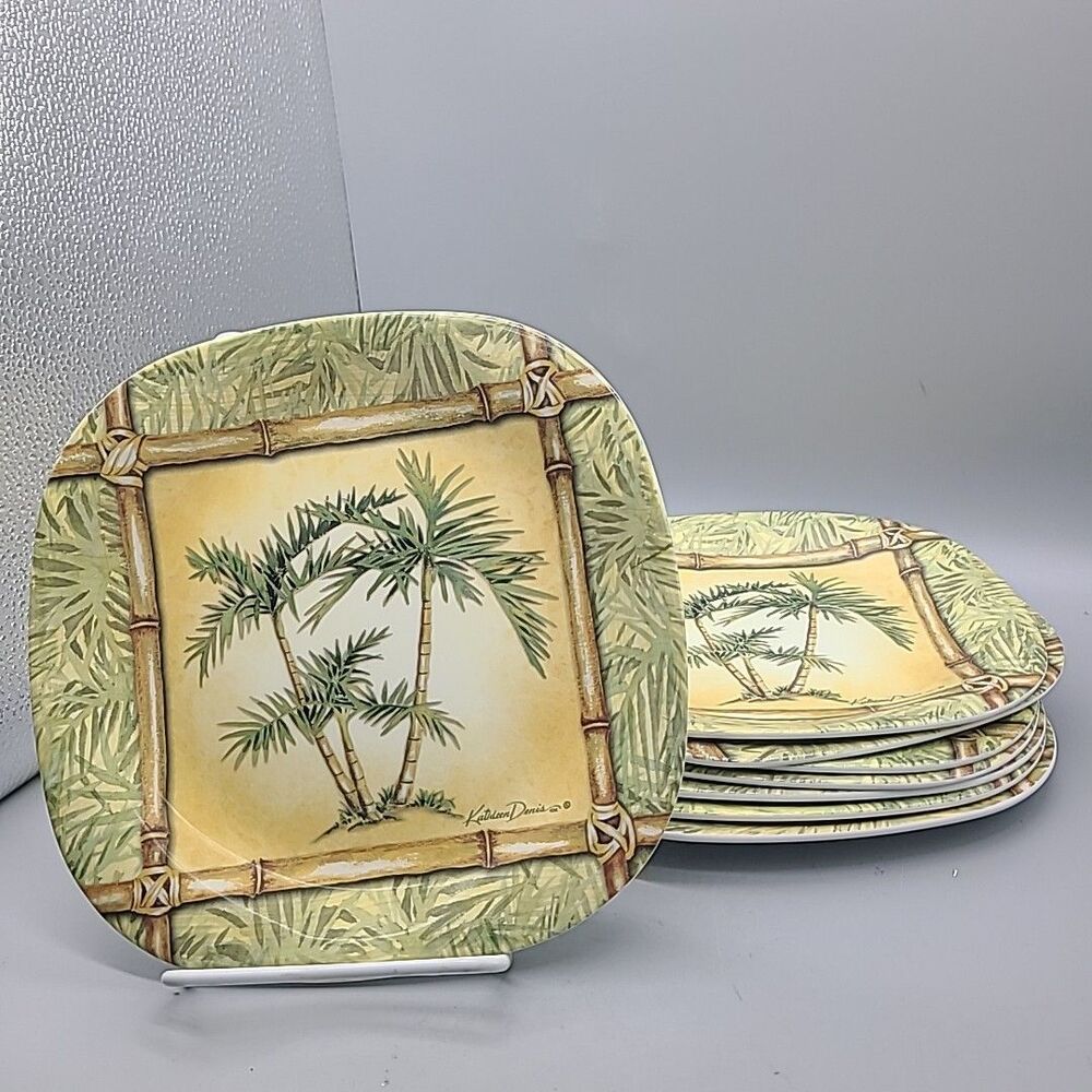 Set (8) NEW Kathleen Denis PALM TREE Melamine Salad Plates 8 5/8” Keller-Charles